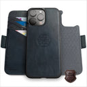 Dreem Fibonacci Wallet Case for iPhone 16 Pro | 2-in-1 Detachable Real Leather Cover [Graphite Blue]